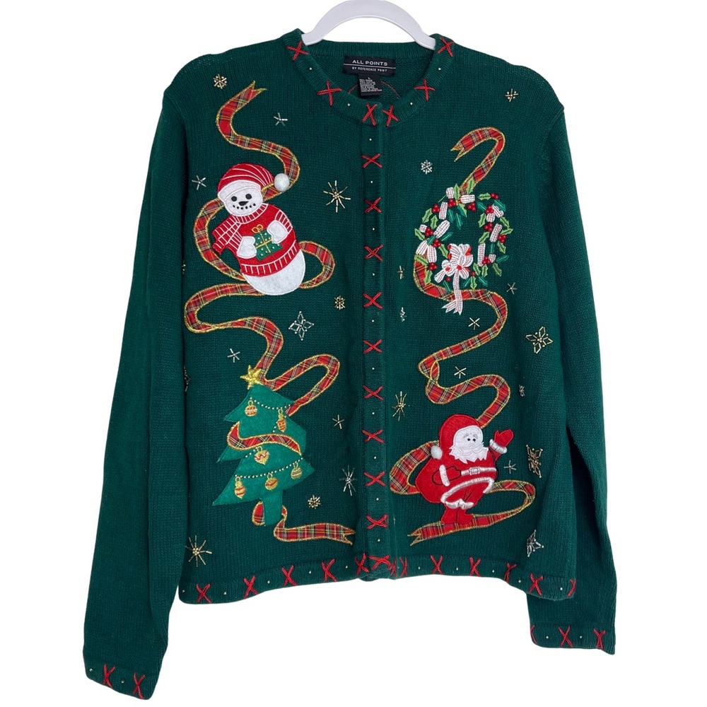 Vintage Whimsy Hunter Green Embroidered Christmas Cardigan Sweater Lg Santa